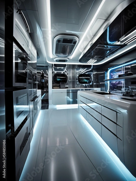 Fototapeta A kitchen with a futuristic design, featuring stainless steel appliances, sleek white cabinets, LED lighting, and a touch screen interface