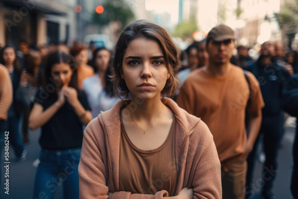 Fototapeta Empowerment in the face of street harassment - woman confidently standing up for herself while being harassed on the street, generative ai