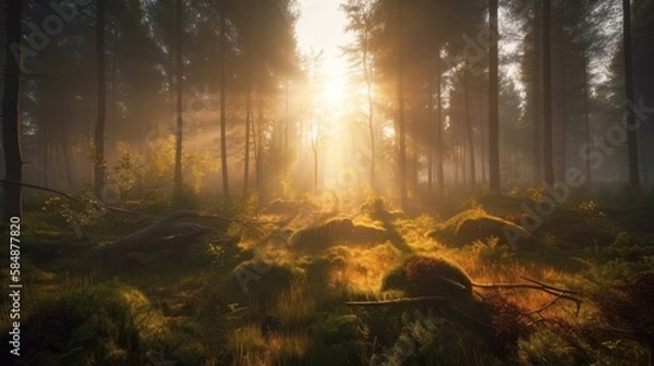 Fototapeta 朝の森の風景　イメージイラスト　generative AI