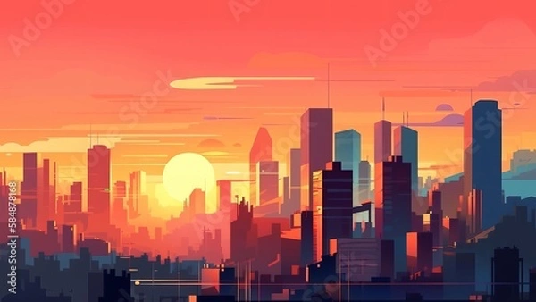 Obraz 朝の街並み　風景　イメージイラスト　generative AI