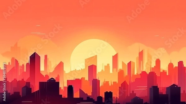Fototapeta 朝の街並み　風景　イメージイラスト　generative AI