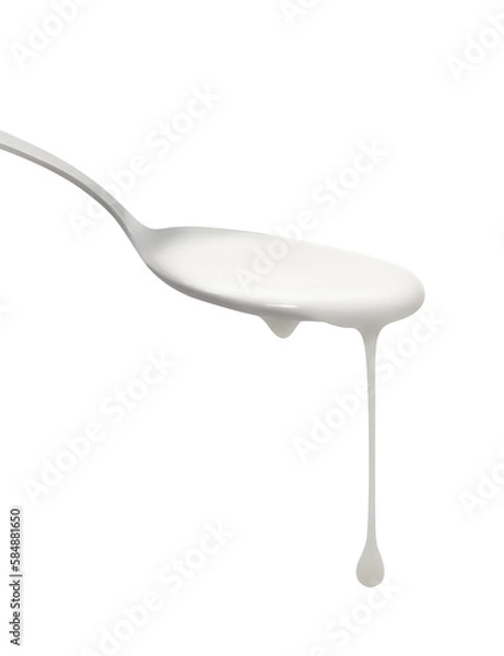 Obraz Yogurt  spoon with two drops dripping down isolated on transparent background. Cream sauce on cutlery. Organic farm dairy food product. Cut out kitchen element for packaging design, advertising layout