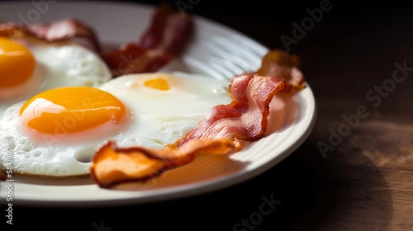 Obraz delicious fried eggs with bacon on a plate, generative ai