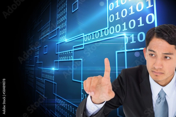 Fototapeta Composite image of unsmiling asian businessman pointing