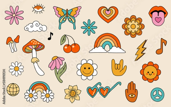 Obraz Big set of Retro 70s groovy elements, cute funky hippy stickers. Cartoon daisy flowers, mushrooms, peace sign, lips, rainbow, hippie collection. Positive hand drdawn vector isolated symbols.