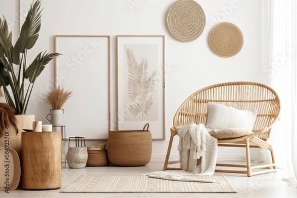 Obraz Scandi Boho mockup frame in white room with natural wooden furnishings. Generative AI