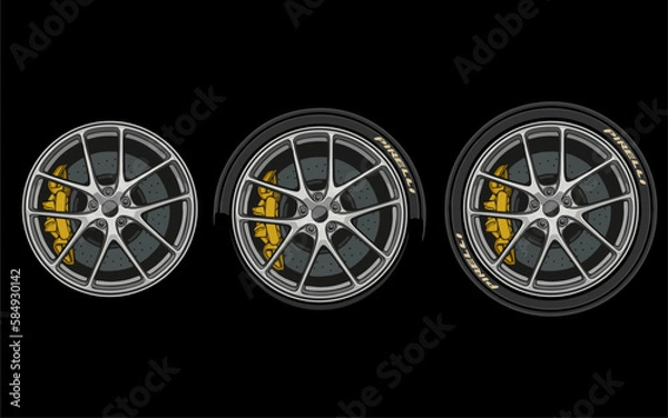 Fototapeta Car wheel and rims. Vector illustration, wheels gold silver black, Car Wheel 3D illustration, Car wheel, set. Realistic design. Vector illustration