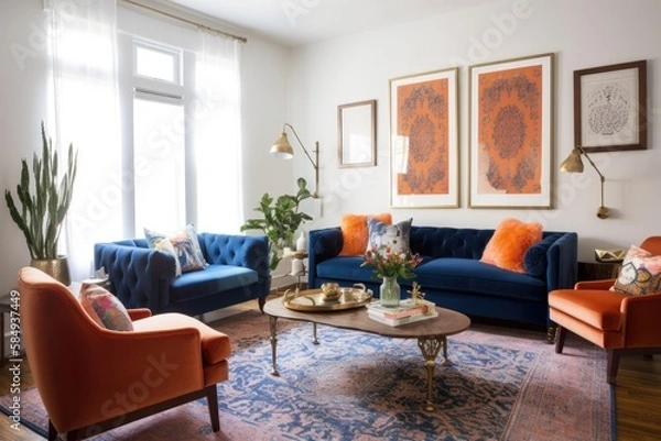 Fototapeta Actual shot of navy blue couch with orange cushions and artwork above in bright and big living room with two antique armchairs. Generative AI