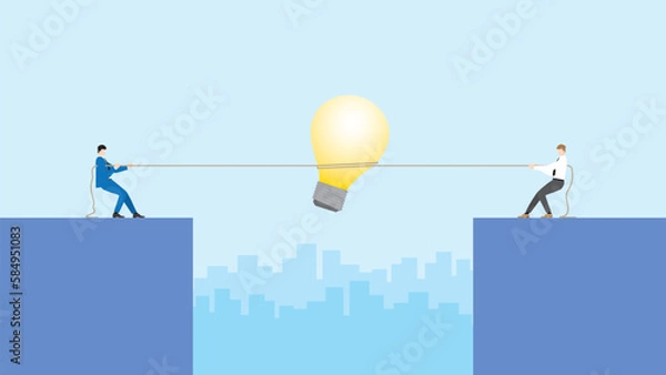 Fototapeta Business idea competition concept. Boss vs employee. Businessmen pull a rope for a big light bulb in a meeting. Conflict, brainstorm, work hard, competing, contest and fight over in office workplace.