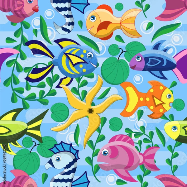 Fototapeta Background on the theme of the underwater world. Seamless pattern. Vector illustration.