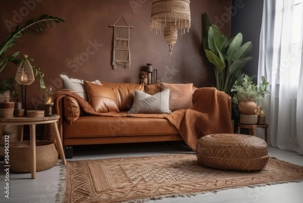 Obraz Loft living room with brown eco leather sofa, knitted blanket, cushions, side table with growing flowers in ceramic vase, and wicker basket on the floor. Generative AI