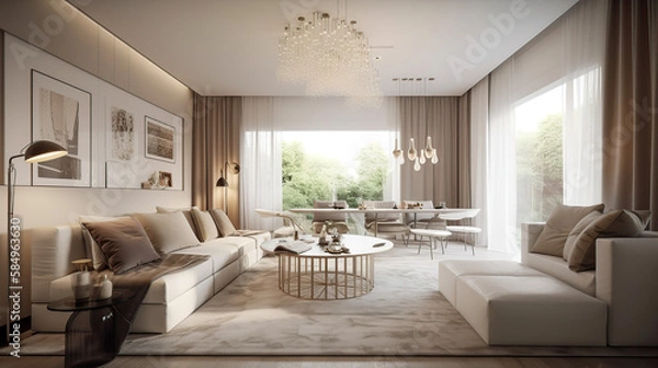 Fototapeta  Beautiful Living Room in New Modern Luxury Home, designer furniture, stylish comfortable sofa, 3D rendering, generative AI tools.