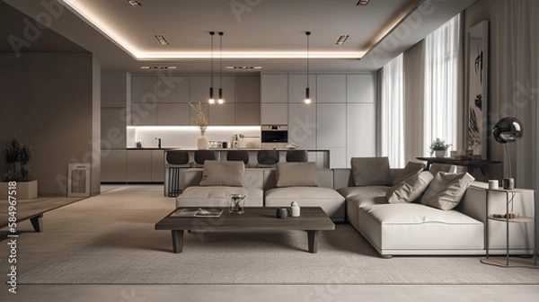Fototapeta The stylish interior of the living room with luxury furniture, 3d render, a Modern home, a concept floor plan, and generative AI tools.