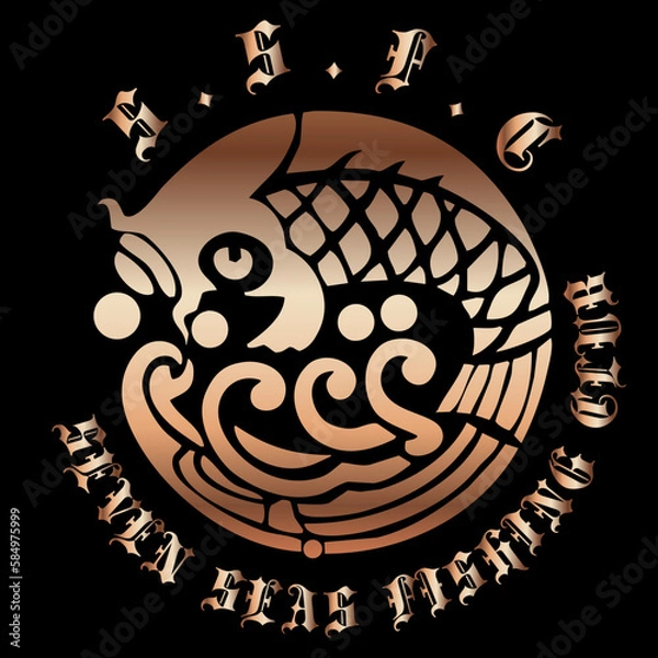 Fototapeta fishing club vector logo with golden fish and sea ornament