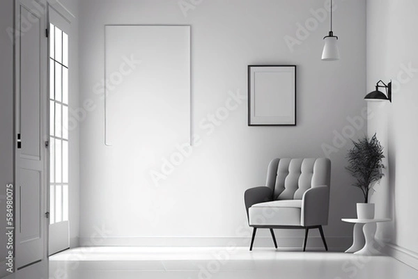 Fototapeta Beautiful and large living room interior with hardwood floors, fluffy rug and designer furniture. Generative Ai