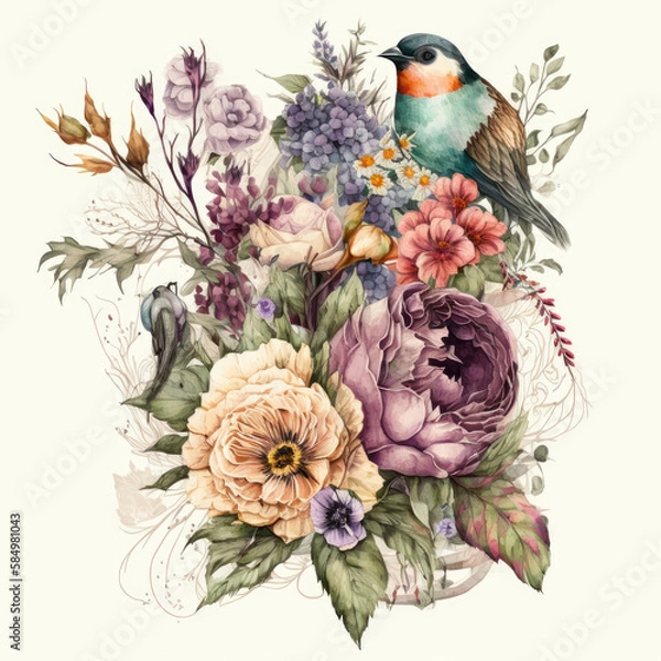 Fototapeta Vintage bouquet of beautiful flowers with Paradise Bird. Floral botanical background. Created with Generative AI.