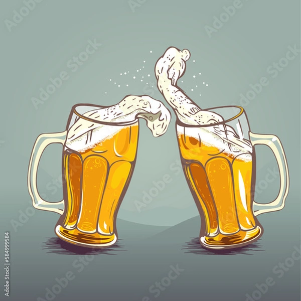 Obraz Two beer mugs clinking with splashed foam in vector