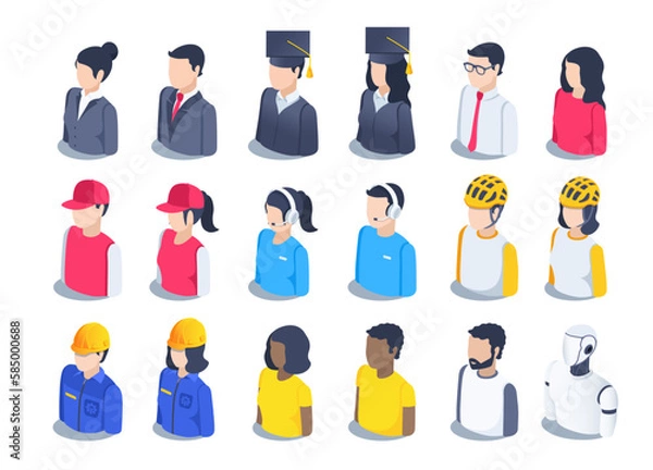 Fototapeta isometric vector illustration isolated on white background, people icons set, businessmen and students and workers and robot