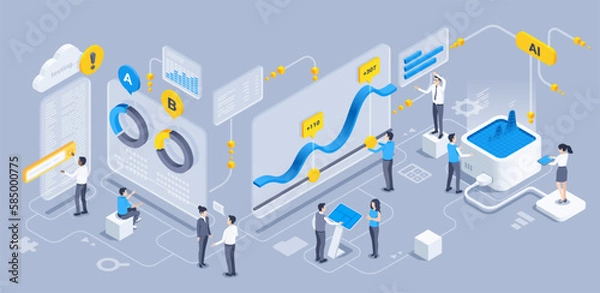 Fototapeta isometric vector illustration on a gray background, people in business clothes are working in front of a huge screen with data that is entered on the server, data center