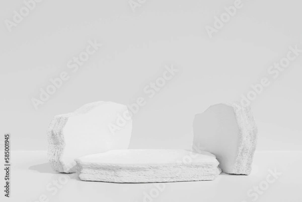 Obraz Empty white stone podium for presentation.3D display stone podium on white background.Abstract white background concept.Geometric platform show cosmetic product.Stage showcase.3D rendering