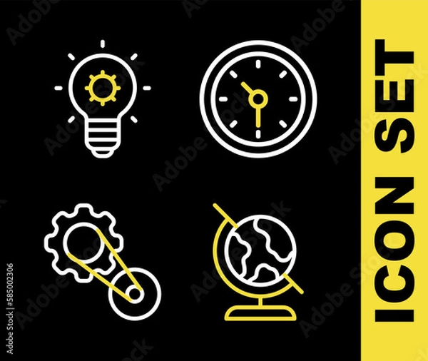 Fototapeta Set line Clock, Earth globe, Timing belt kit and Light bulb icon. Vector