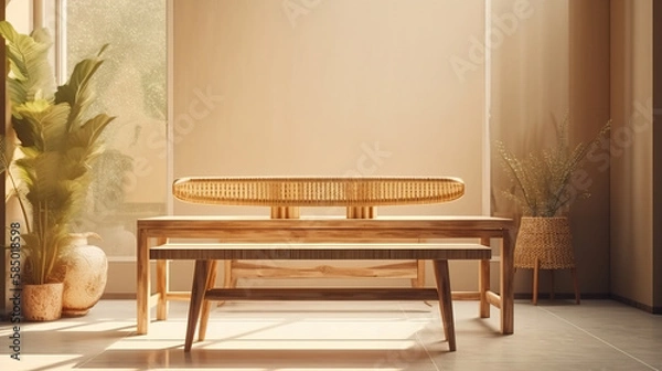 Fototapeta Blank wooden table counter in modern, luxury brown tropical design cafe, coffee table, rattan chair in sunlight from glass window to outdoor garden on beige wall. Interior background 3D