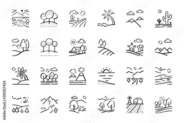 Obraz landscape outline doodle icon set