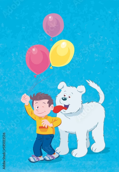 Obraz Young boy holding three balloons with his white dog