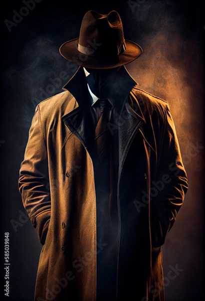 Obraz Abstract faceless portrait of a police inspector, a gentleman in a suit who is on an undercover mission in smoke and dust. Nameless perpetrator. Illustration, Generative AI.