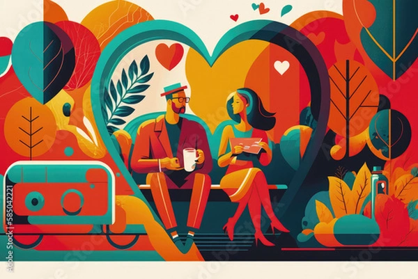Fototapeta Flat retro design: Romantic love between people. Lowers in rich colors | Generative AI Production