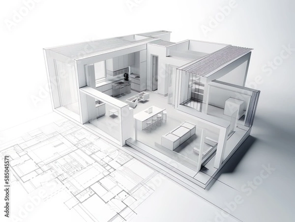 Fototapeta Schematics and blueprint of a modern house / villa with minimalistic outdoor design -Alternative 5