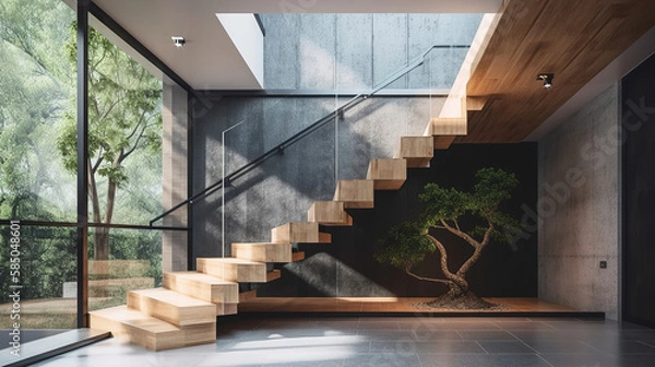 Obraz Modern, elegant L shape wood cantilever stair with black granite base staircase, tempered glass panel balustrades, tropical tree in sunlight from window on polished concrete wall, floor background 3D
