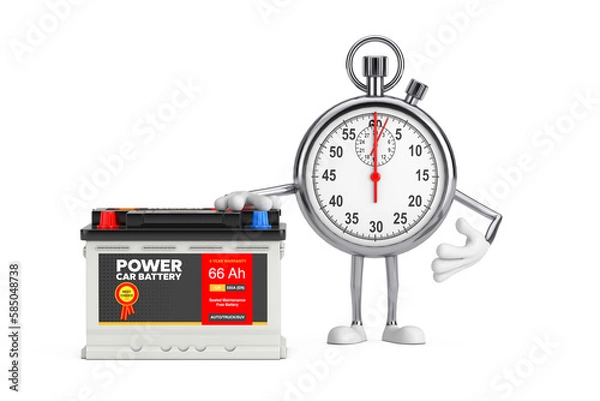 Fototapeta Modern Stopwatch Cartoon Person Character Mascot and Rechargeable Car Battery 12V Accumulator with Abstract Label. 3d Rendering