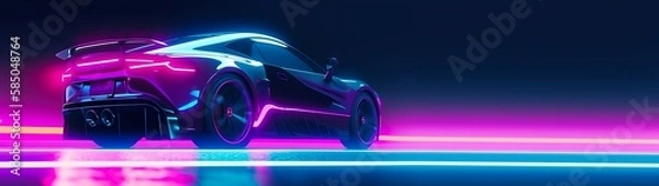 Fototapeta Speeding sports car on neon Highway. Powerful acceleration of a super car on a night track with colorful lights and trails. Copy Space. Generative AI