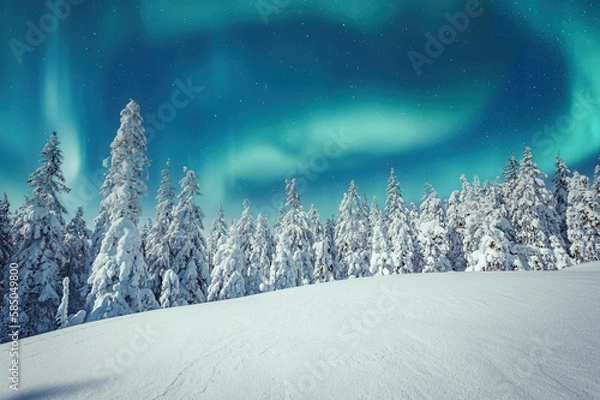 Fototapeta Aurora borealis over the frosty forest. Green northern lights above mountains. Night nature landscape with polar lights. Night winter landscape with aurora. Creative image. winter holiday concept.
