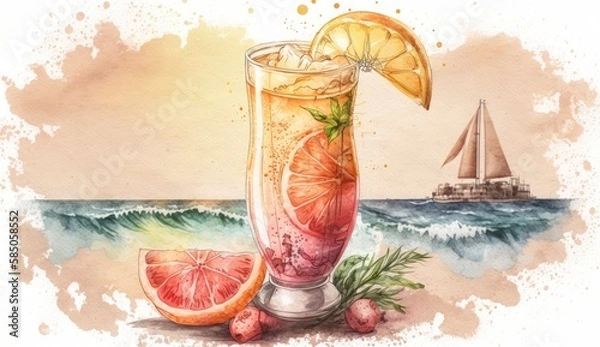 Obraz grapefruit summer cocktail on sea, watercolor style illustration, Generative Ai