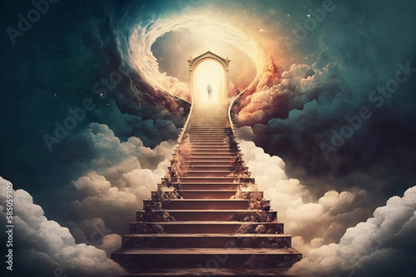 Fototapeta Ascending stairway leading to heaven entrance. Cloudy sky and bright sun light background spirituality and religion (created with Generative AI Technology)