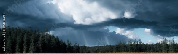 Fototapeta Illustration of a serene landscape with trees and billowing clouds created with Generative AI technology