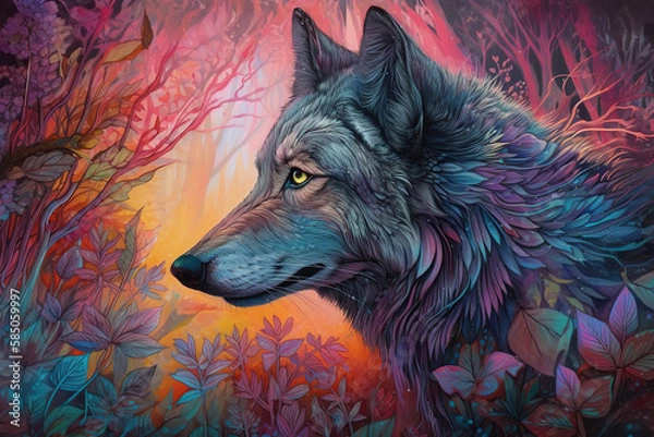 Fototapeta watercolor illustration of a wolf in neon colors, beautiful art, Generative AI