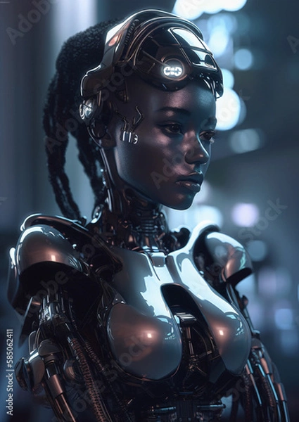 Fototapeta Black cyberpunk android woman, Generative AI