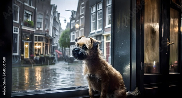 Fototapeta dog in front of the window in Amsterdam, created with generative AI 