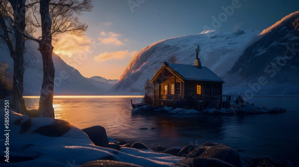 Fototapeta cabin in the fjords of Norway, created with generative AI 