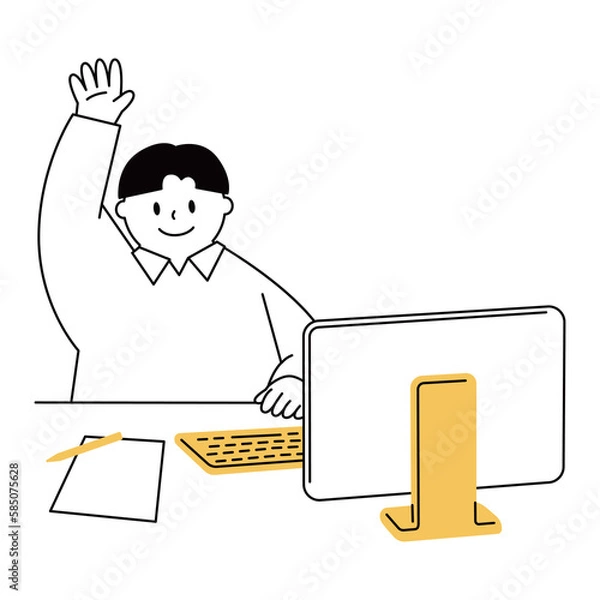 Fototapeta A vector illustration of a boy taking a class using a PC. he raises his hand to answer.