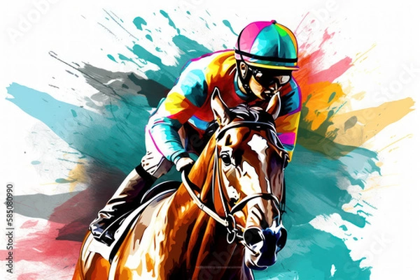 Fototapeta Abstract racing horse with jockey from splash of watercolors on white background. Illustration of paints. Generative AI.