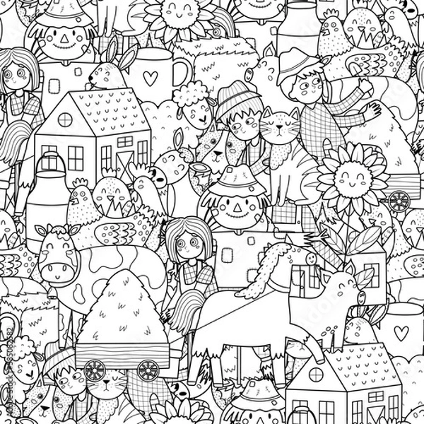 Fototapeta Doodle farm characters seamless pattern. Cute coloring page with animals and farmers. Outline background with horse, cow, pig, sheep, scarecrow. Vector illustration