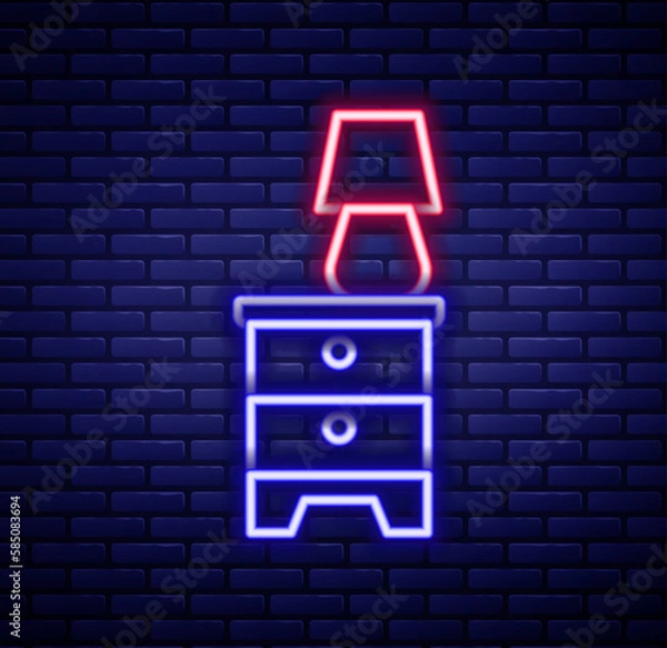 Fototapeta Glowing neon line Furniture nightstand with lamp icon isolated on brick wall background. Colorful outline concept. Vector