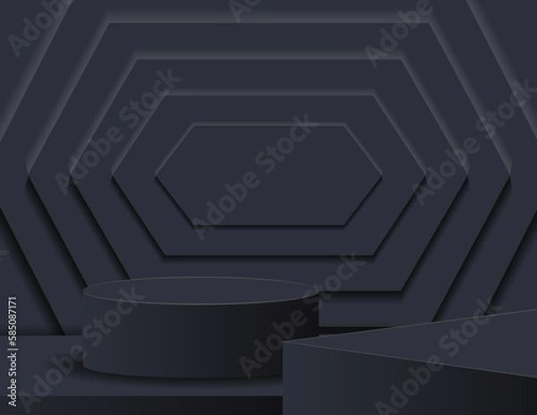 Obraz 3D podium for product display and the background scene, minimalist style, black and gray tones, display stand, studio for product presentation.