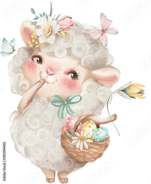 Fototapeta Cute Easter illustration of a sheep with flowers