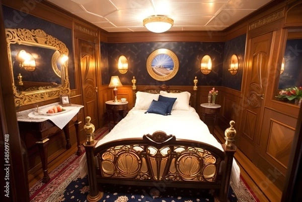 Obraz luxuary boat cruise titanic inspired room bedroom, idea inspirational interior architectural design mattepainting with wood, chairs, bed and windows, reworked and enhanced ai generated illustration