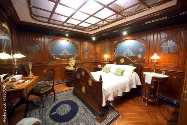 Obraz luxuary boat cruise titanic inspired room bedroom, idea inspirational interior architectural design mattepainting with wood, chairs, bed and windows, reworked and enhanced ai generated illustration